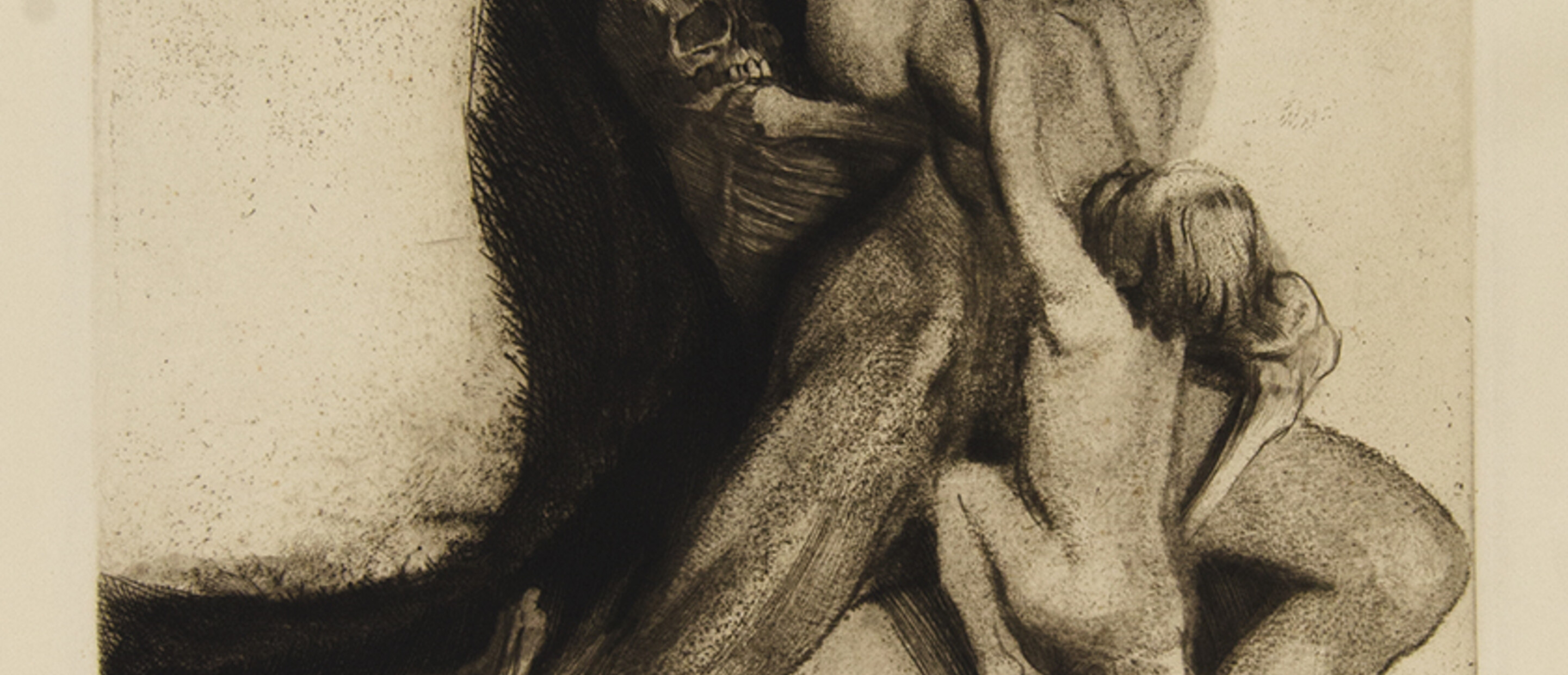 Käthe Kollwitz, Tod and Frau (Death Seizing a Woman), 1910, 17 1/2 x 17 in. Etching on paper. Pomona College Collection. Gift of the Culley Collection 