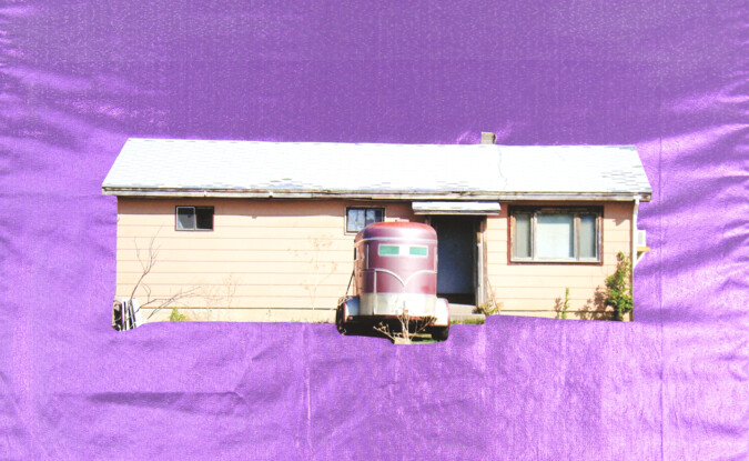 house and trailer photo collaged on top of silky purple background 
