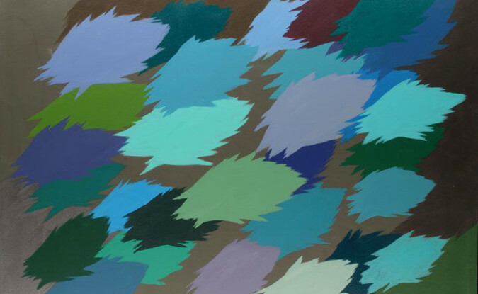 acrylic painting with greens and blues and purples in pattern of ruffled shapes