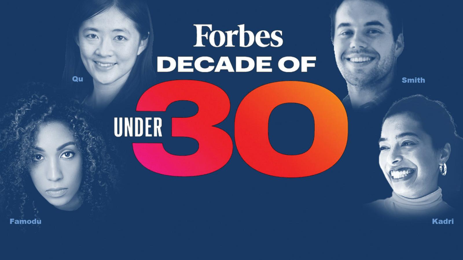Photo illustration of honorees with Forbes 30 Under 30 logo