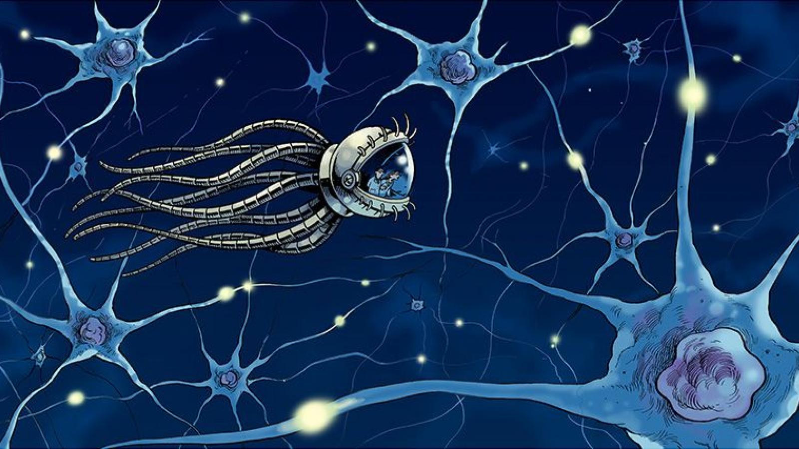Picture of miniature people instead a spaceship within the brain, alongside close-up images of neurons