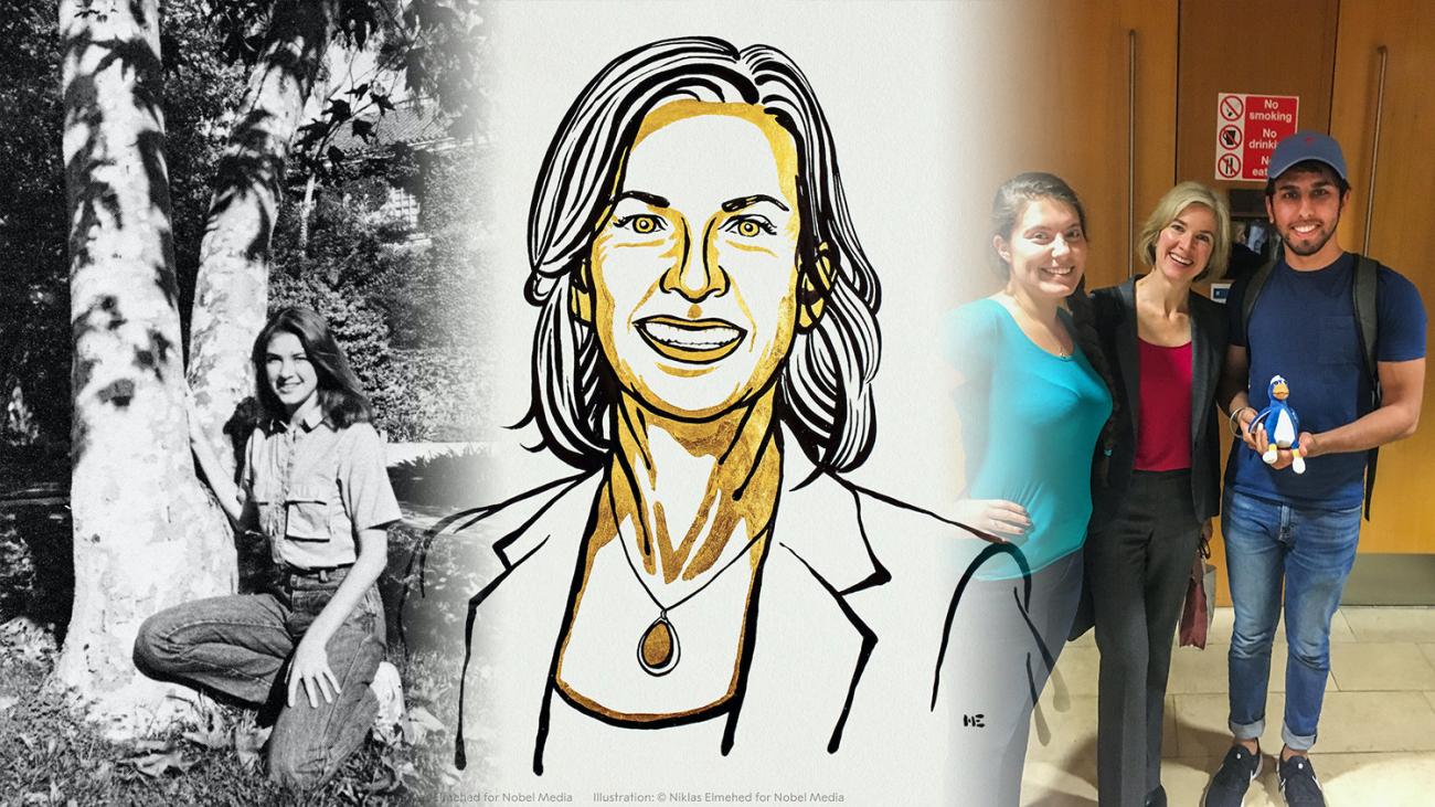 Jennifer Doudna '85 as student, in Nobel illustration, and flanked by Giselle De La Torre Pinedo '19 and Gurkaran Singh '19