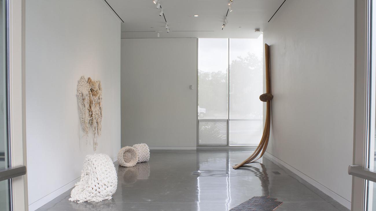 Installation view with works by Tanya Aguiñiga (left), William Ransom (back right) and Cammie Staros (right)
