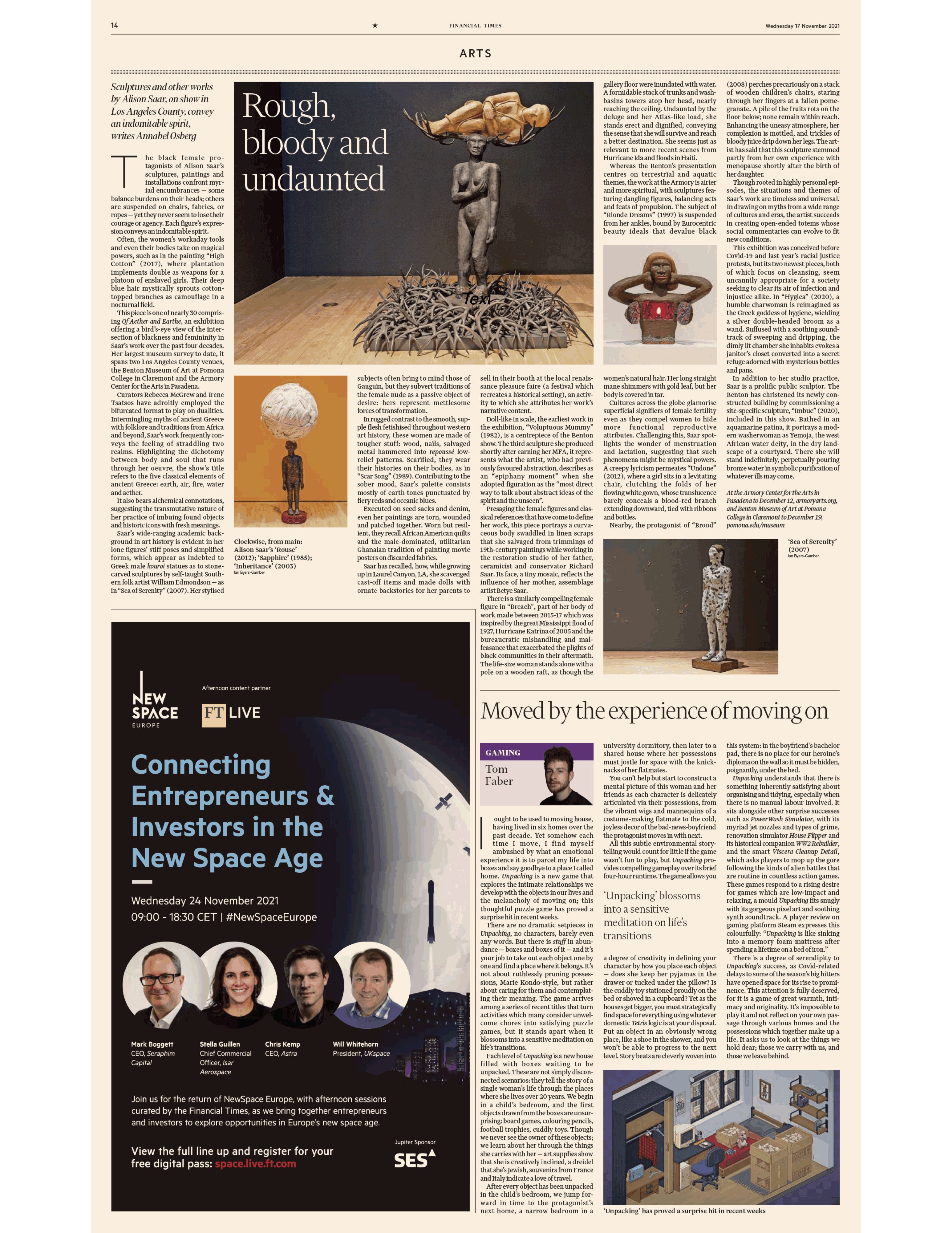 An image of the article about Alison Saar in the Financial times. To read the full article please use the link below.