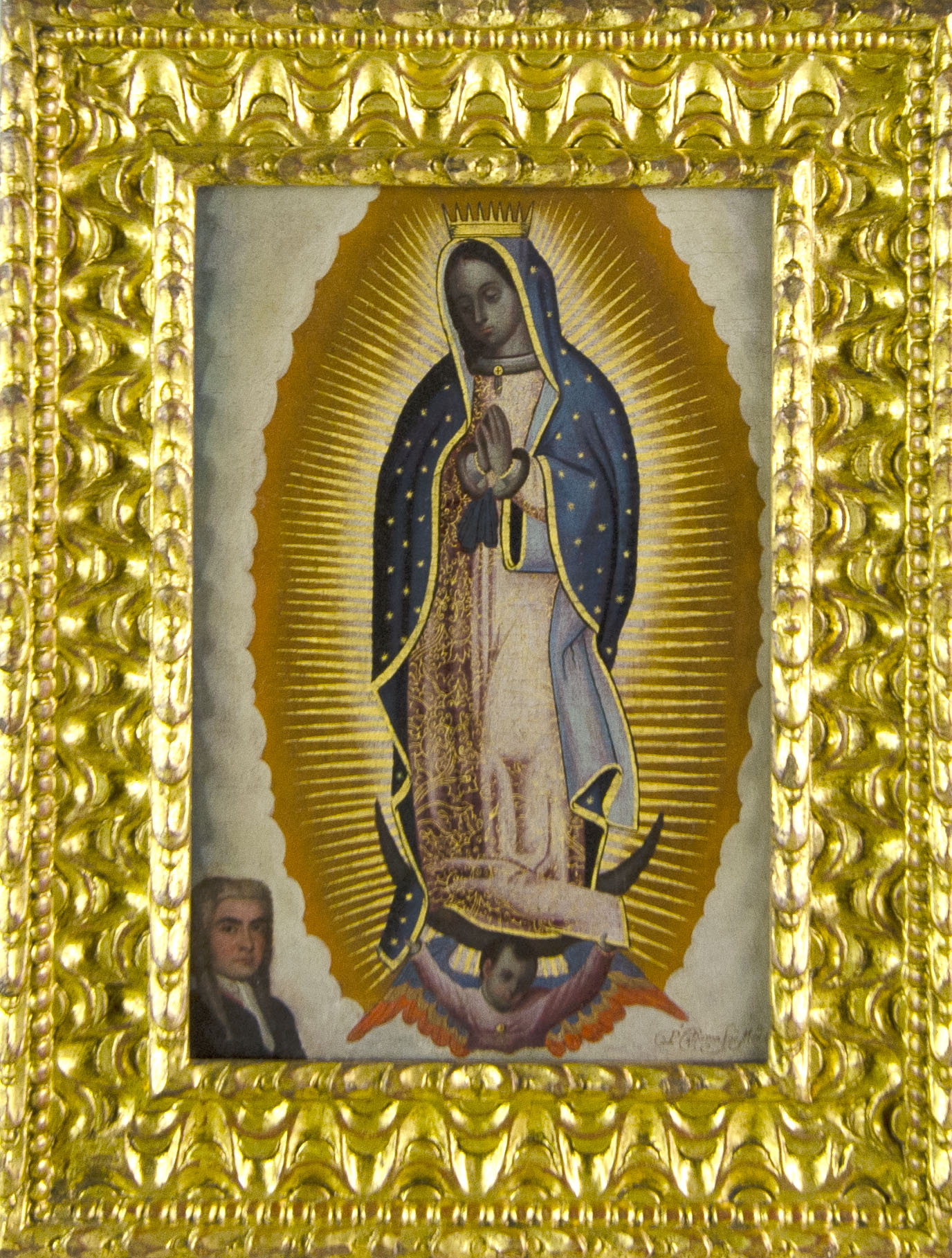 image of Guadalupe, man in bottom left corner. surrounded by thick gold frame