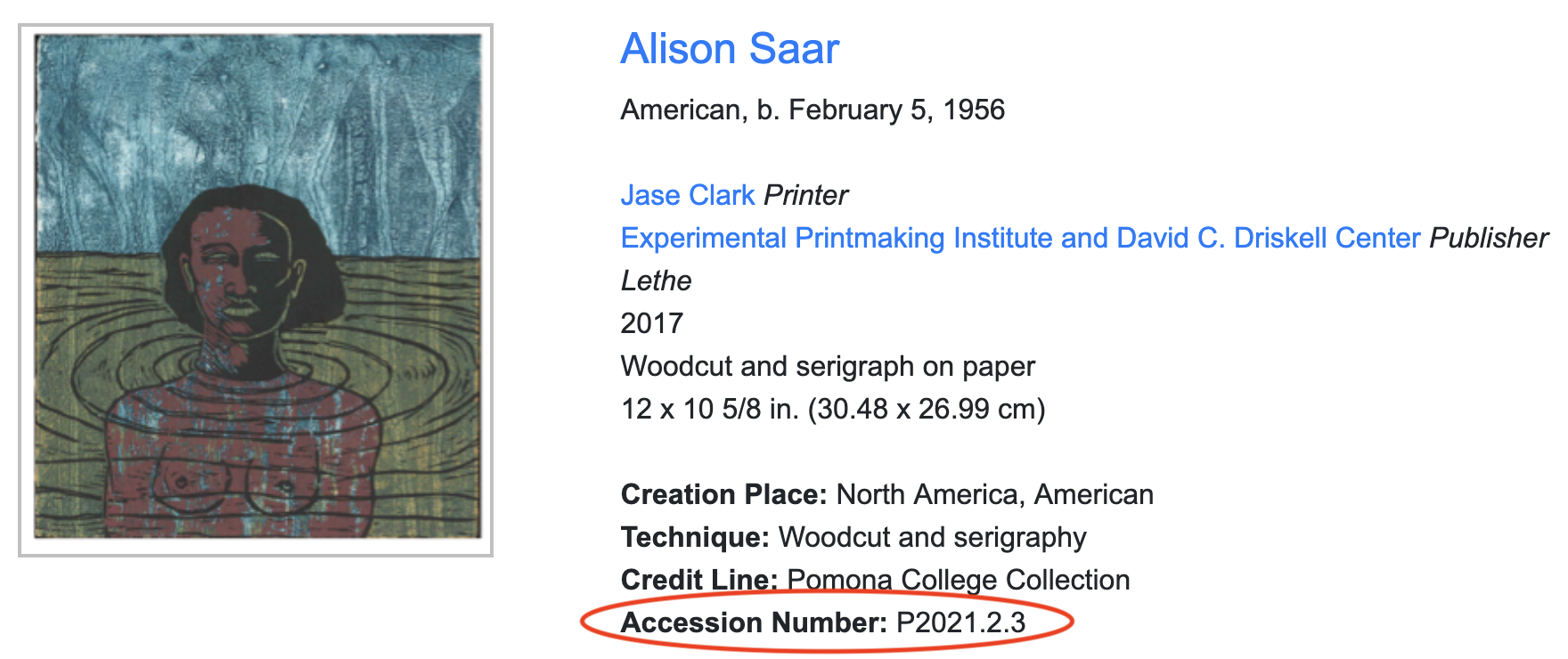 Alison Saar artwork catalog, with accession number circled in red