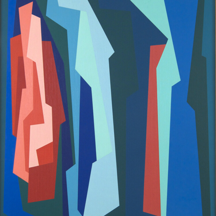 Abstract painting of blues reds on canvas