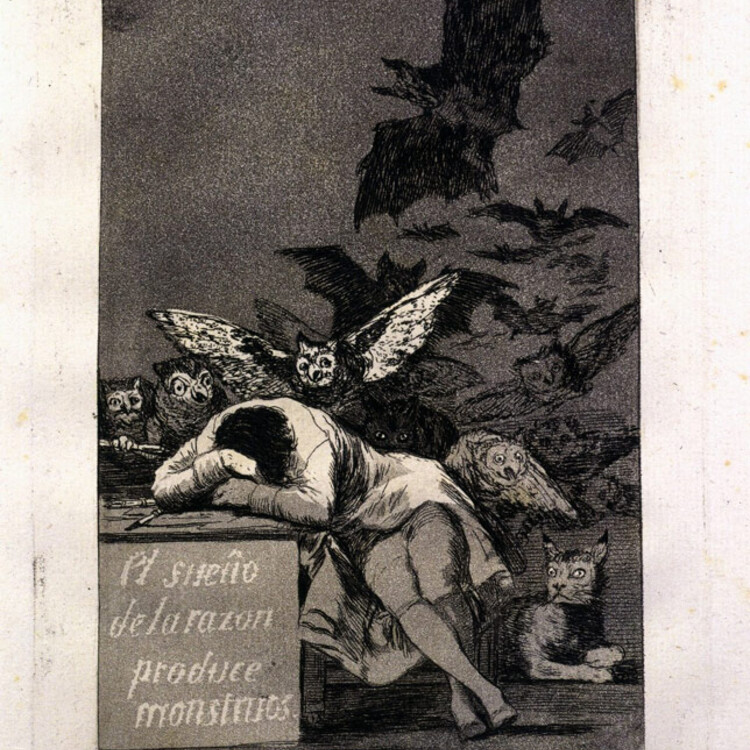 Francisco de Goya, Los Caprichos, 1st edition, 1799,  plate 43, El sue&ntilde;o de la razon.  Etching and aquatint on paper. 