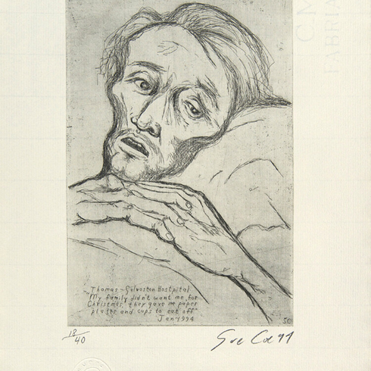 Portrait of a AIDS patient named Thomas with text inscribed signed by artist Sue Coe 