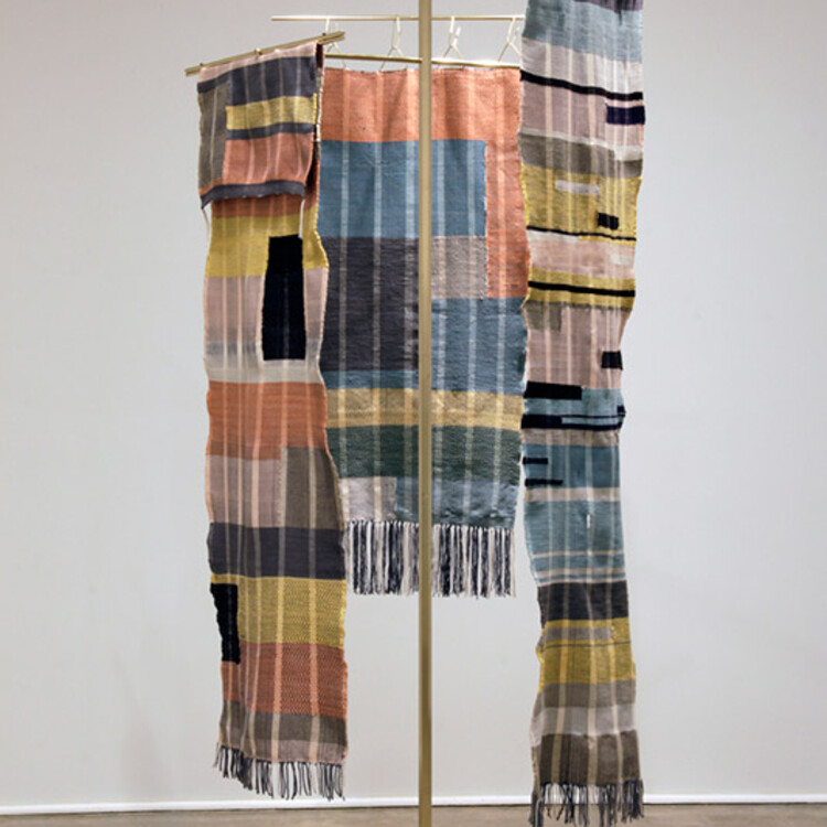 Ret, Scutch, Heckle, 2013 Aluminum, brass, concrete, pebbles, epoxy, cotton, wool, silk, bamboo, natural dye 92 in. high, 48 in. radius
