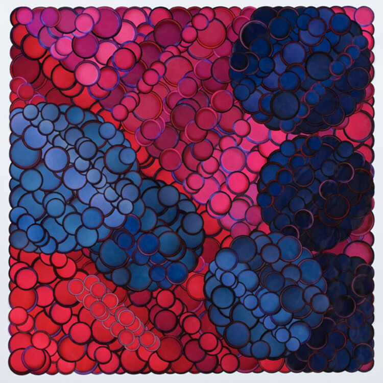 Ginny Bishton, De Nada (red, pink, blue), 2009 Photo collage on paper 42 x 42-1/2 inches