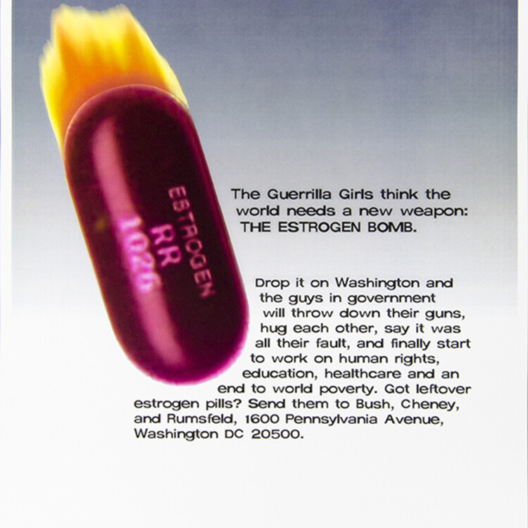 Guerrilla Girls, Estrogen Bomb, 2003, 18 x 12 in. Pomona College Collection. Museum purchase with funds provided by the Estate of Walter and Elise Mosher.