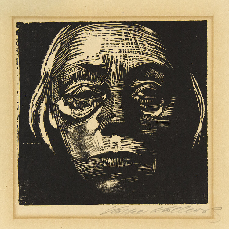 Käthe Kollwitz, Self-Portrait, 1923, 5 7/8 x 6 1/8 in. Woodcut on paper. Pomona College Collection. Gift of the Culley Collection