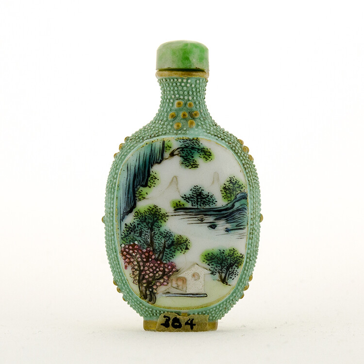 Snuff bottle, n.d., enamel and beads, 2 5/16 x 1 7/16 in. Pomona College Collection. Gift of Clinton N. Laird