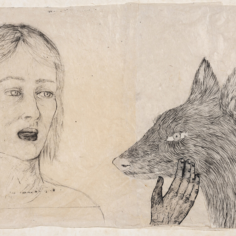 Drawing of human bust next to wolf-like animal with extended hand