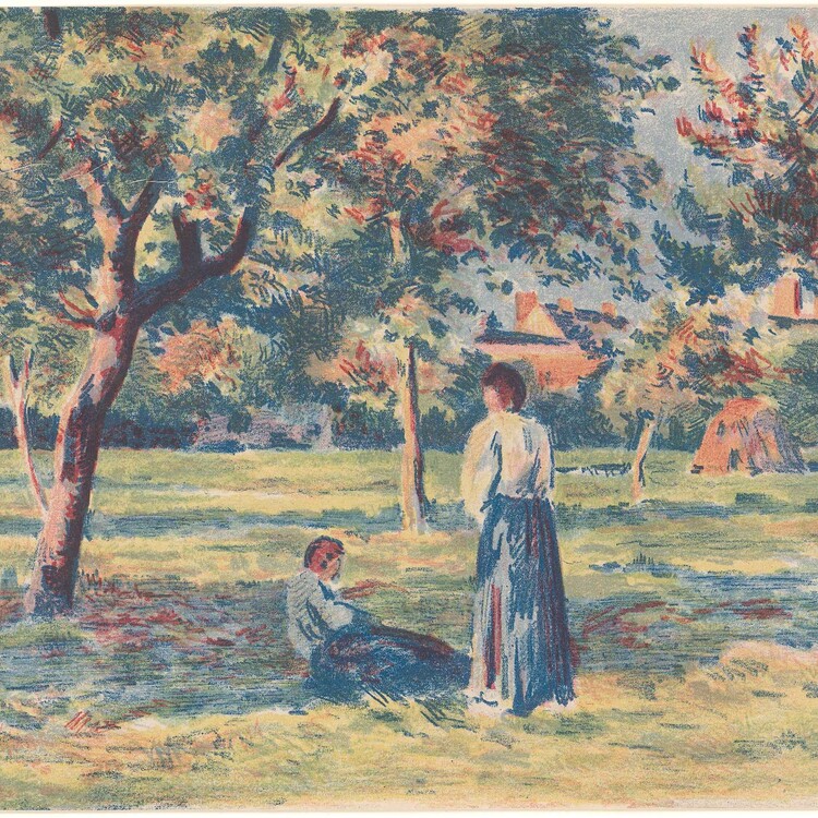 Two figures one sitting and other standing outdoors amongst trees