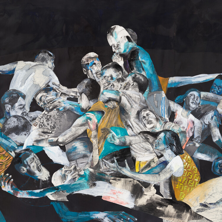 collage in blue and black of many people