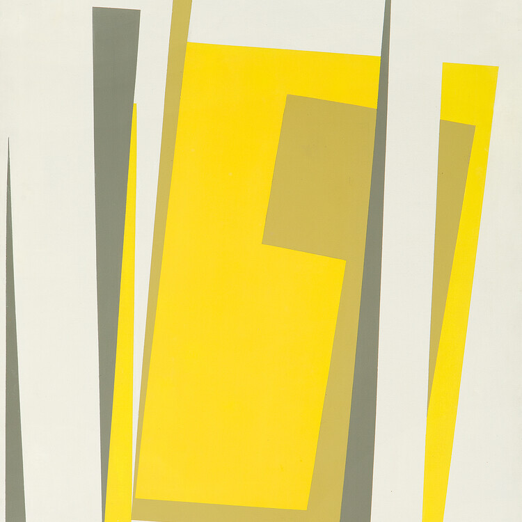 painting of yellow and gray triangles and squares