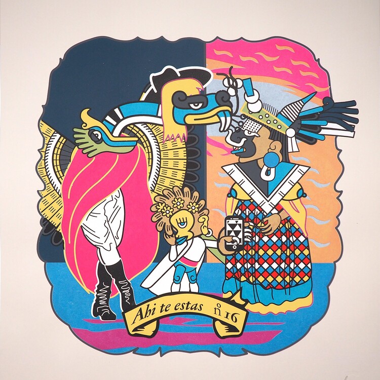 colorful print of 4 figures with caption "Ahi te estas no 16"