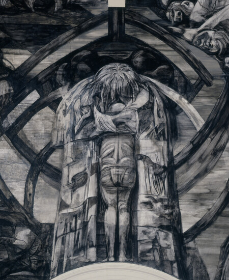 Monochromatic figure of Noah after the flood disheveled with ribs of the ark exposed behind