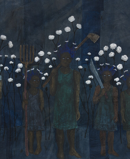 Painting of several figures with elongated hair strands with cotton 