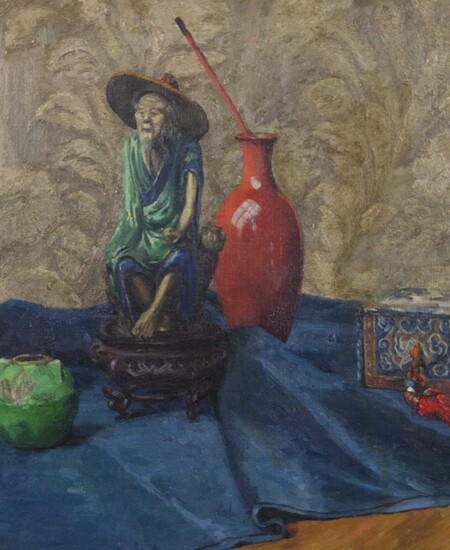 Still life painting showing a person the same size as a giant vase on blue fabric