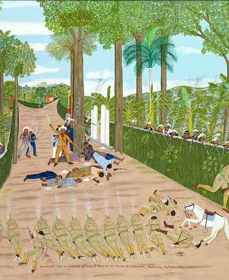 Philomé Obin, U.S. Marines versus Guerrillas, 1949. Oil on canvas. "Restoring the Spirit: Celebrating Haitian Art" has been curated by Rima Birnius, originated by the Figge Art Museum, and toured by Curatorial Assistance, Pasadena, California. 
