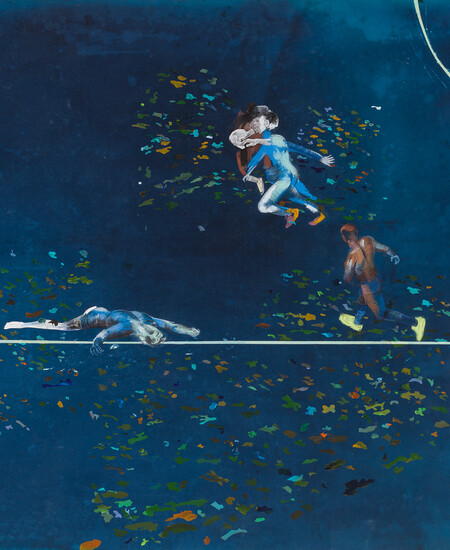 blue painting of people in motion