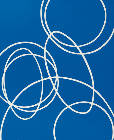 blue painting with white circles