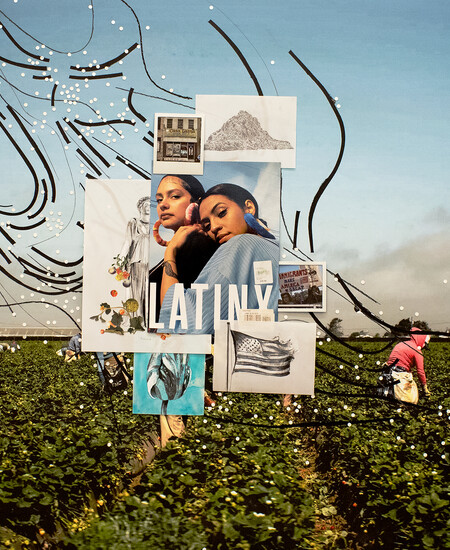 photograph of migrant workers in a field with images collaged on top