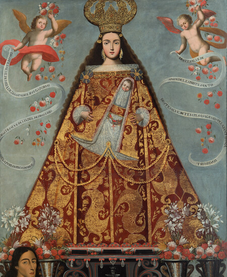 woman in triangular robes with angels and male