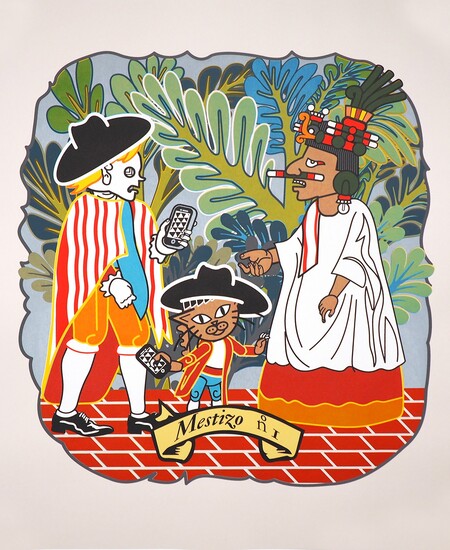 colorful print of 3 figures with caption "Mestizo no 1"