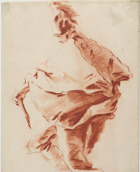 drawing in red of cloaked figure