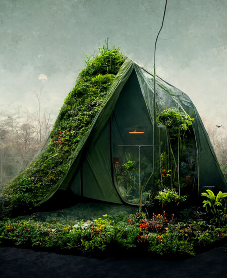 A tent dwelling with plants growing up its sides