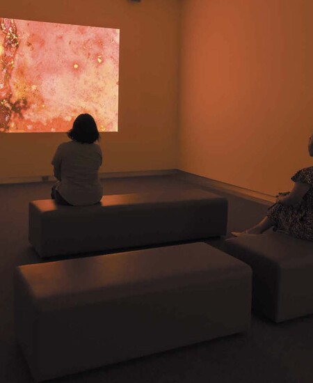 two people look at video installation
