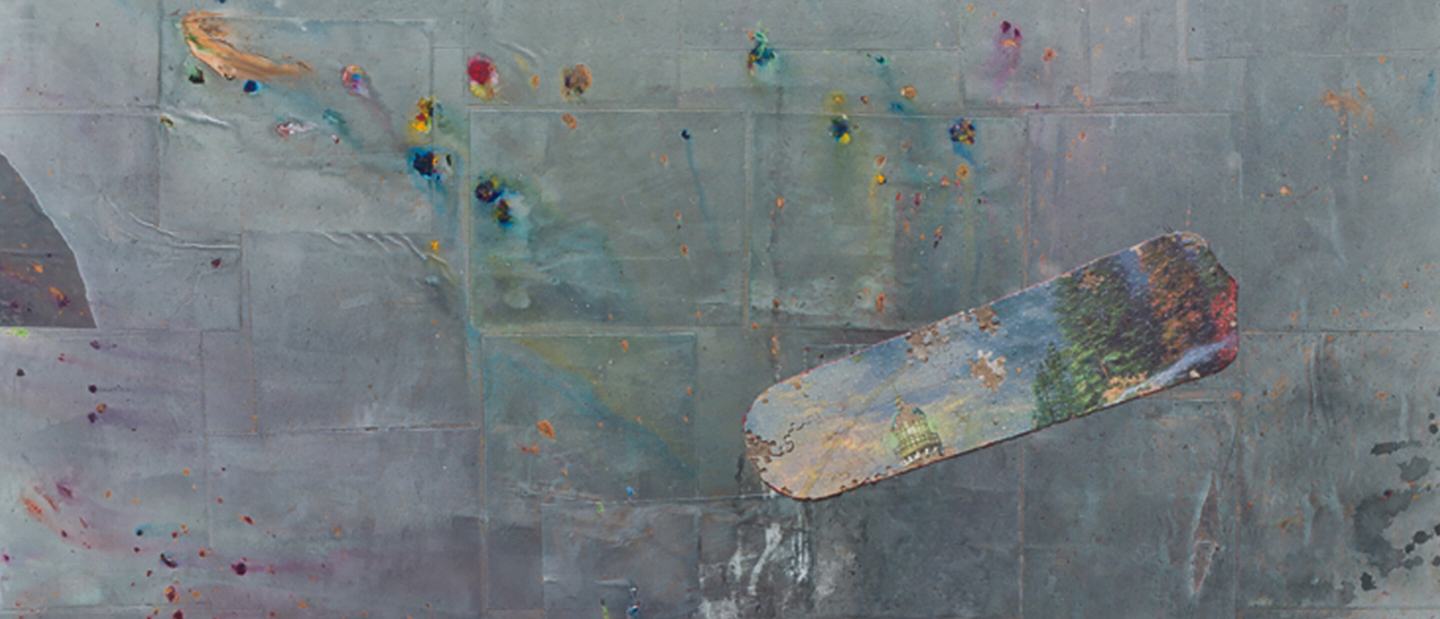 Detail of painting with grays and blues with abstract swatch made of puzzle pieces