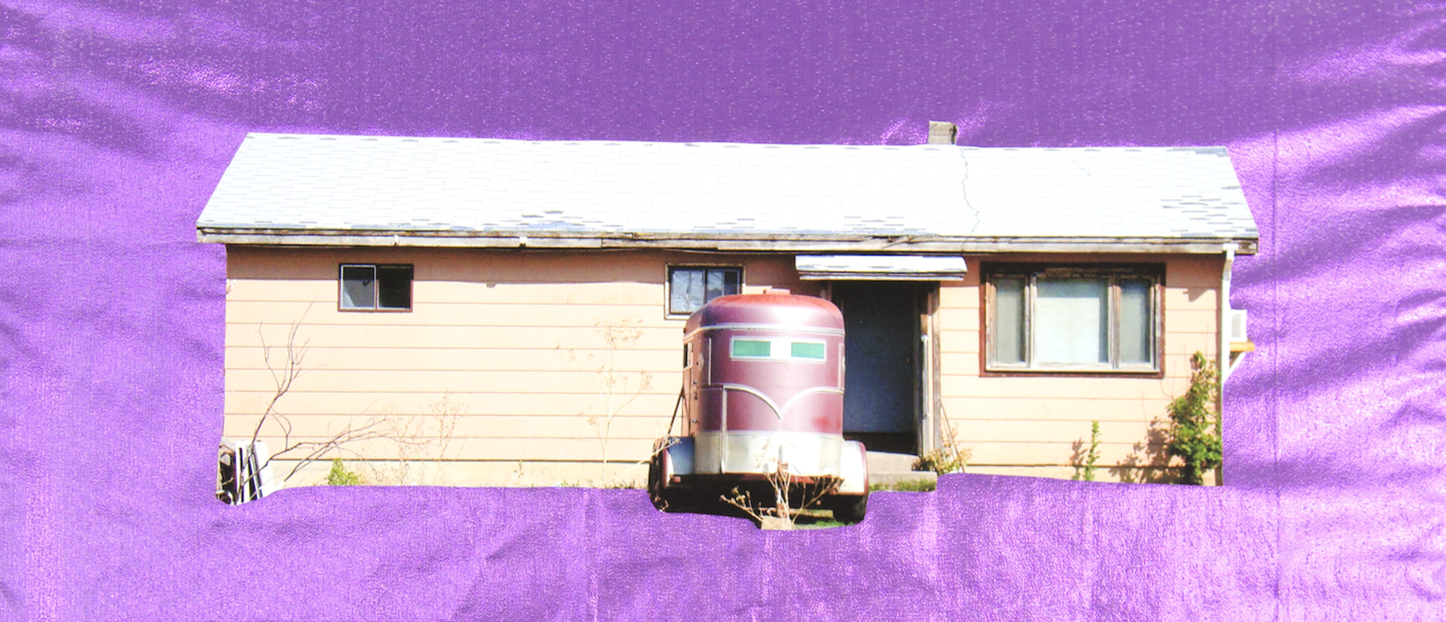 house and trailer photo collaged on top of silky purple background 