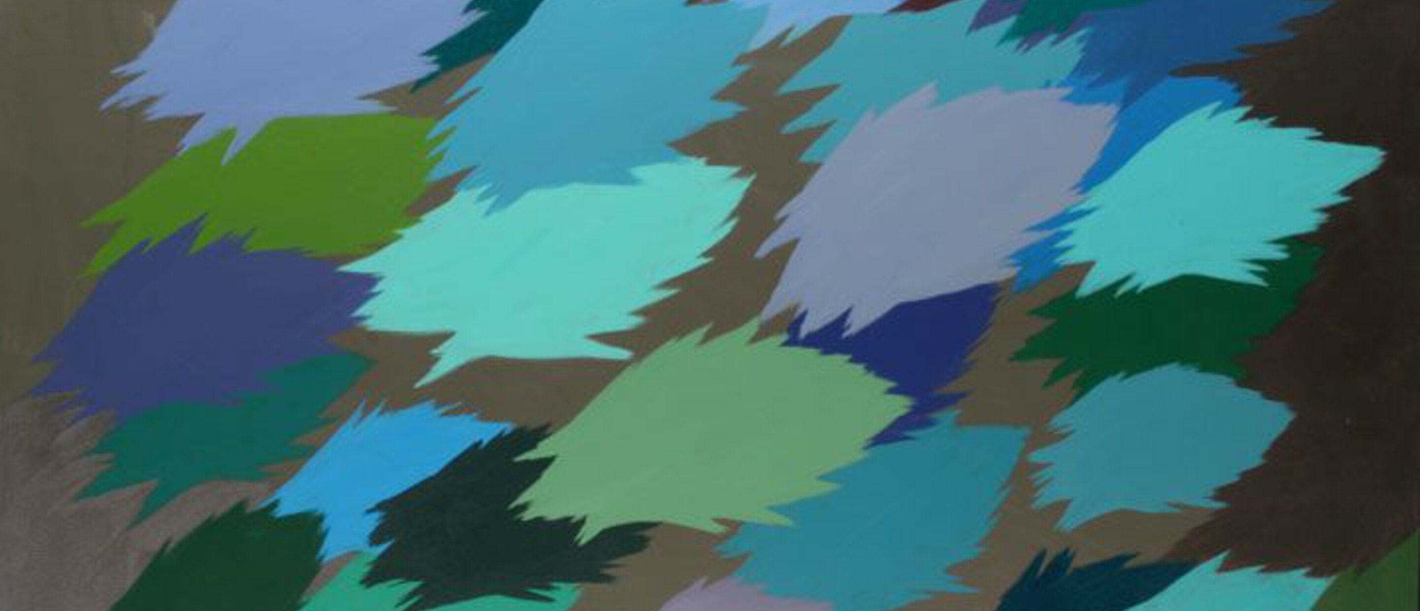 acrylic painting with greens and blues and purples in pattern of ruffled shapes