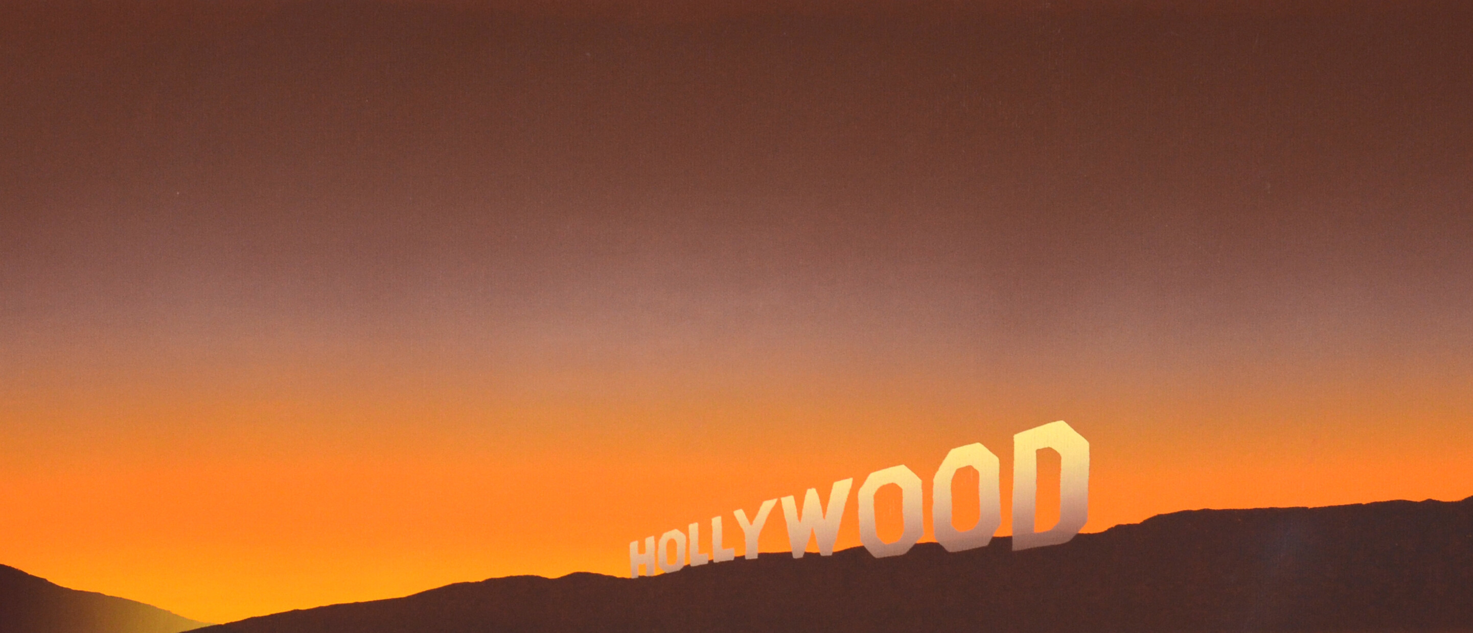 Orange tinged sky behind HOLLYWOOD sign landscape painting