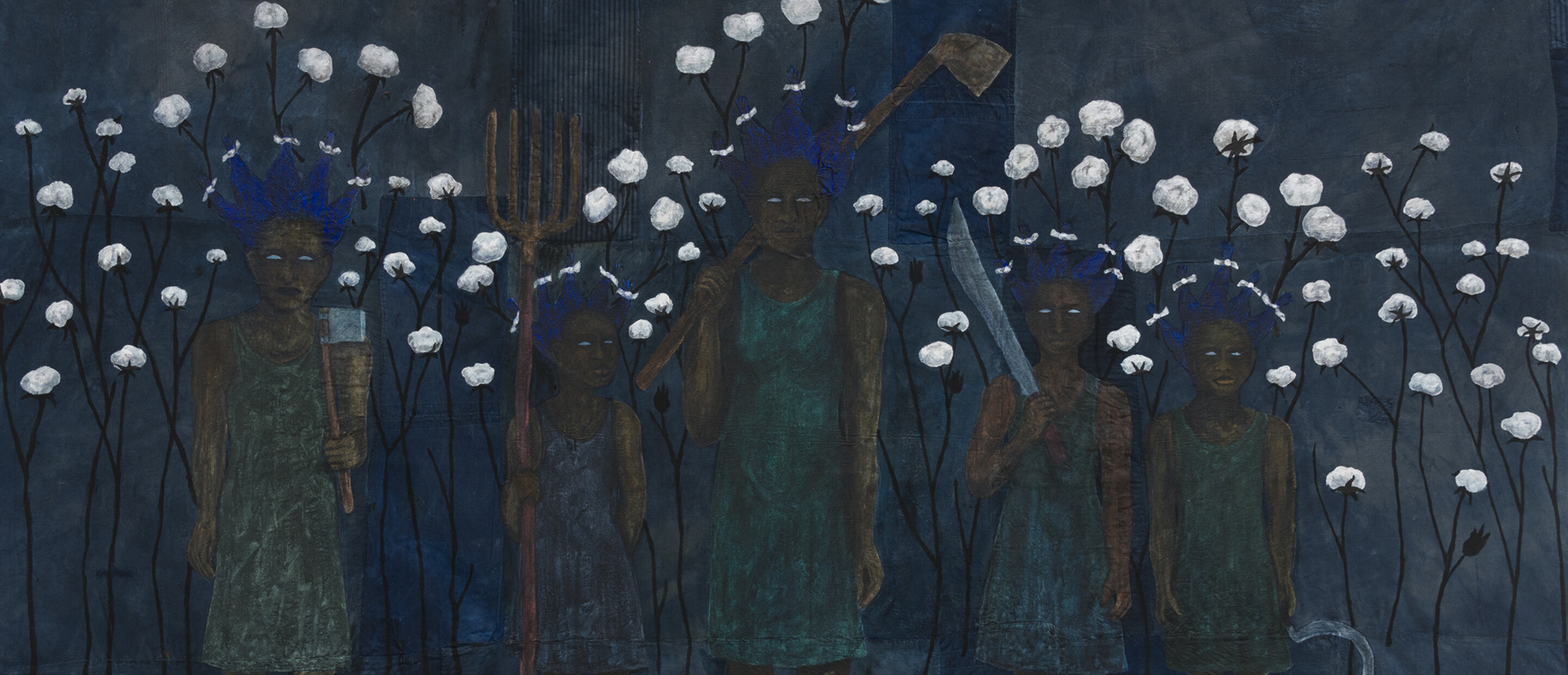 Painting of several figures with elongated hair strands with cotton 