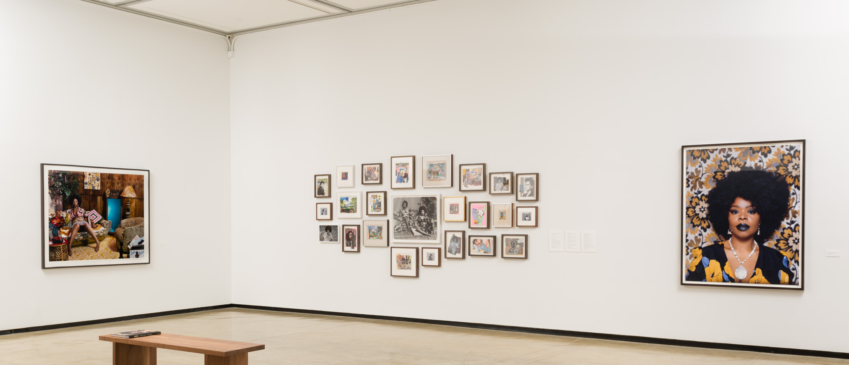 Installation view of a gallery with photographs and montage of 2-dimensional works with 2 wooden benches on the floor