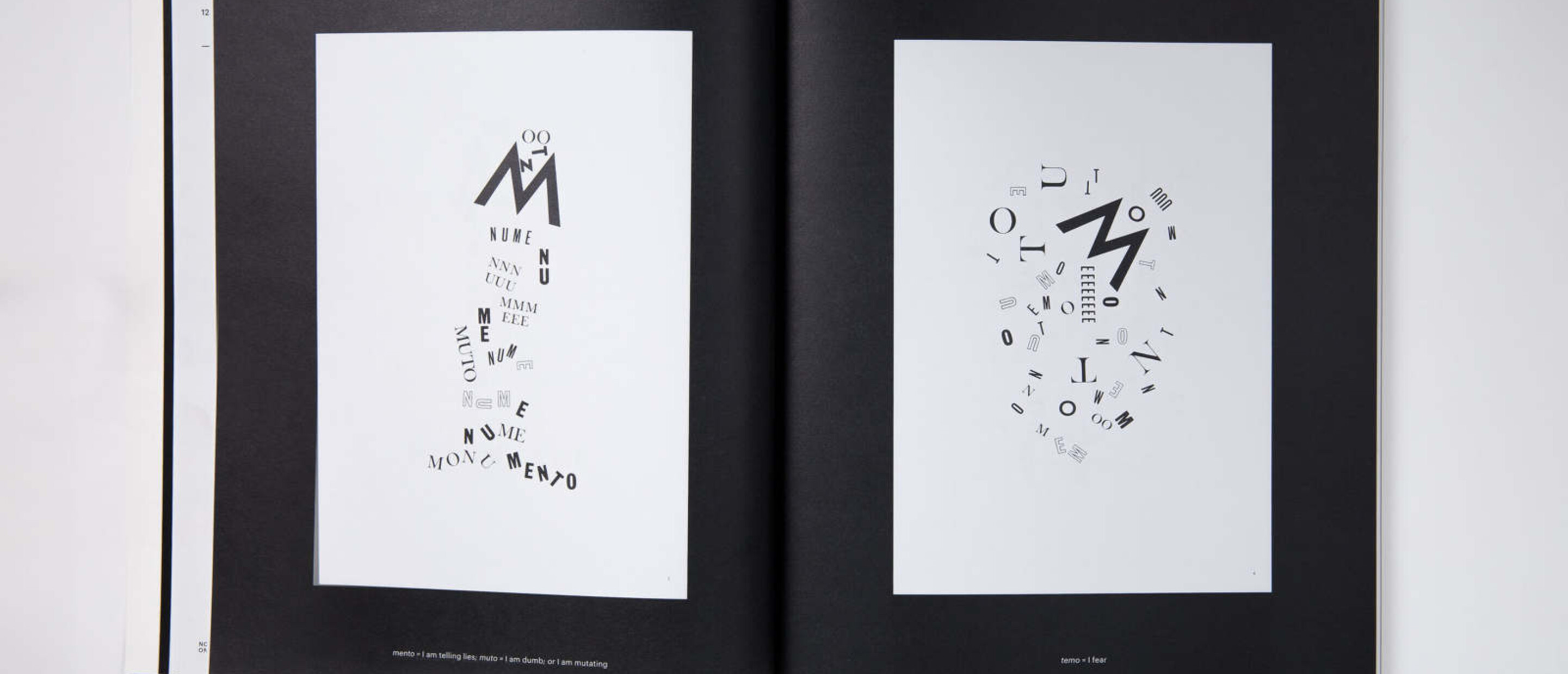 Catalogue spread showing letters arranged in visual poetry