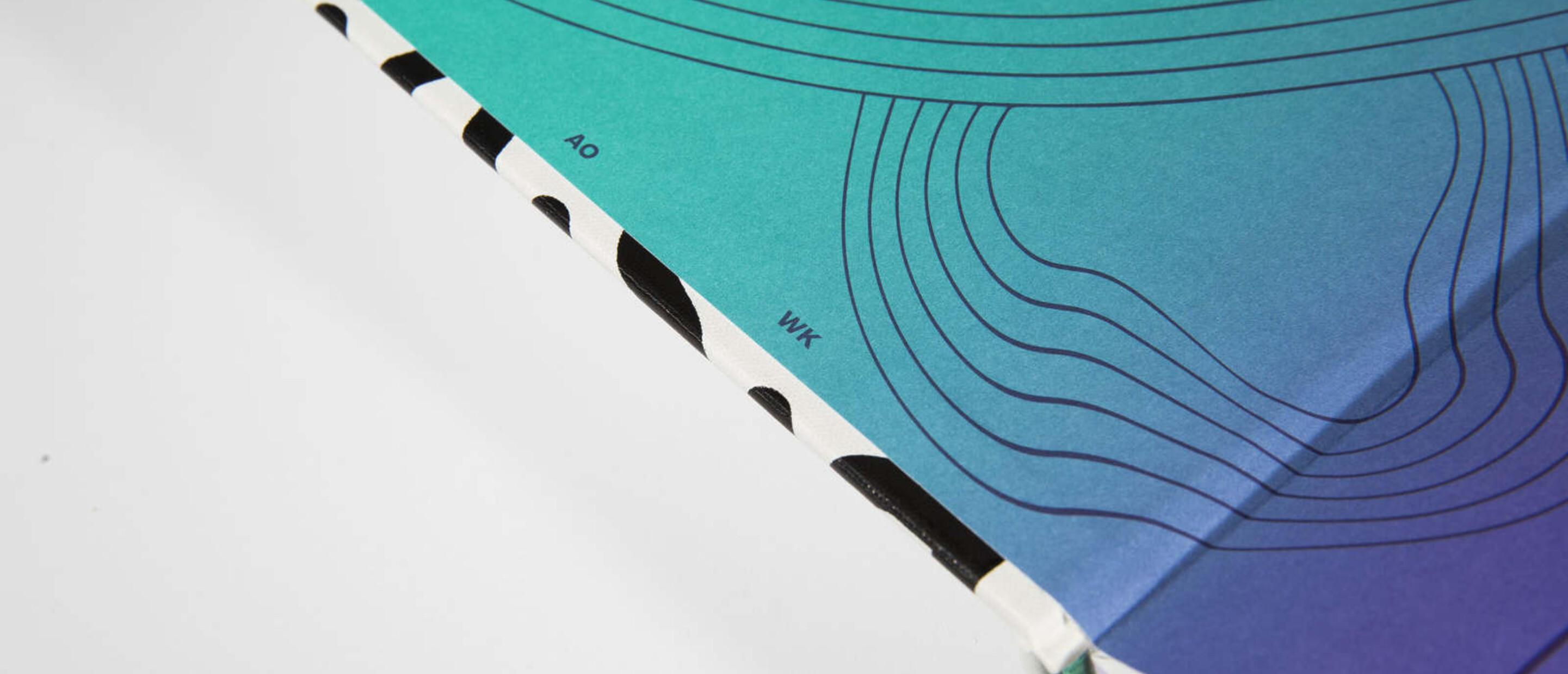 Catalogue cover lining in blues and purples and greens with wavy black lines in its design