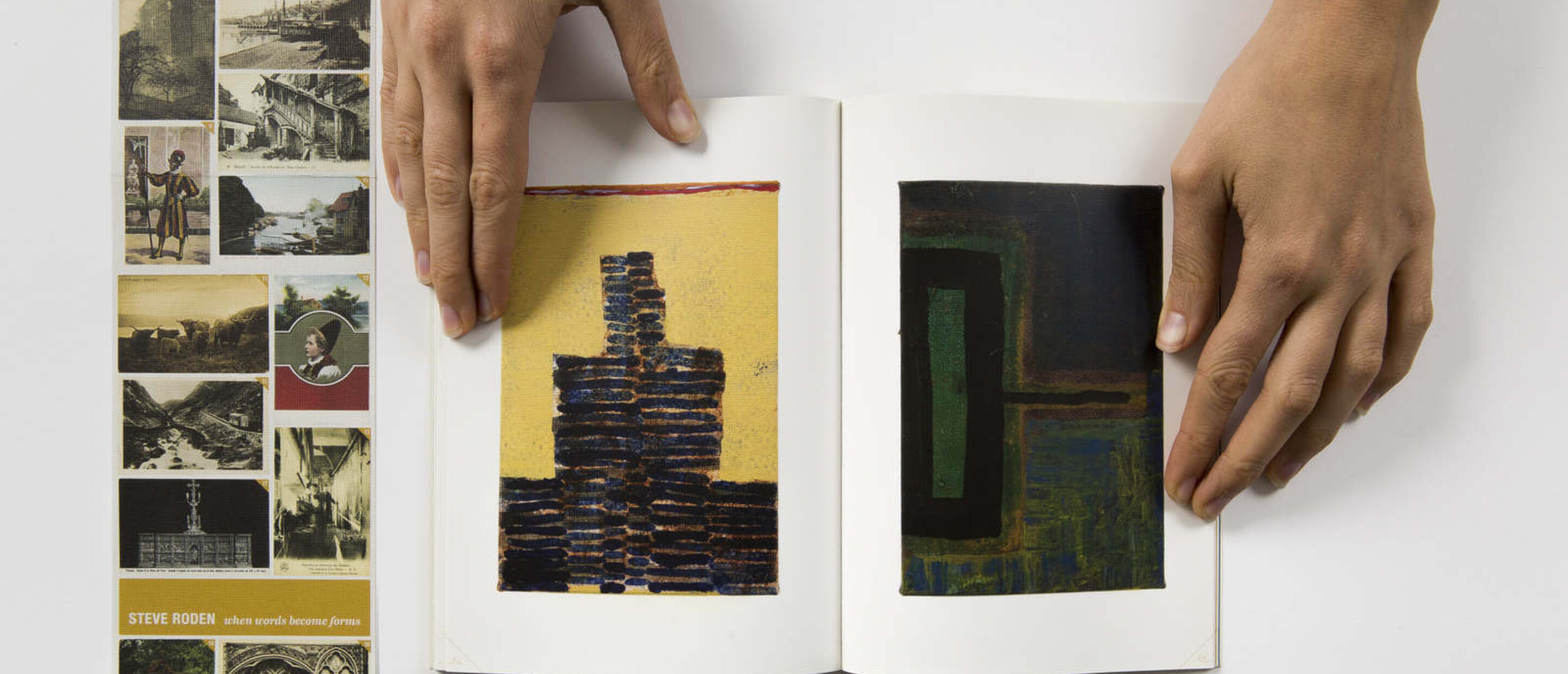 Catalogue spread with hands opening them with a variety of images