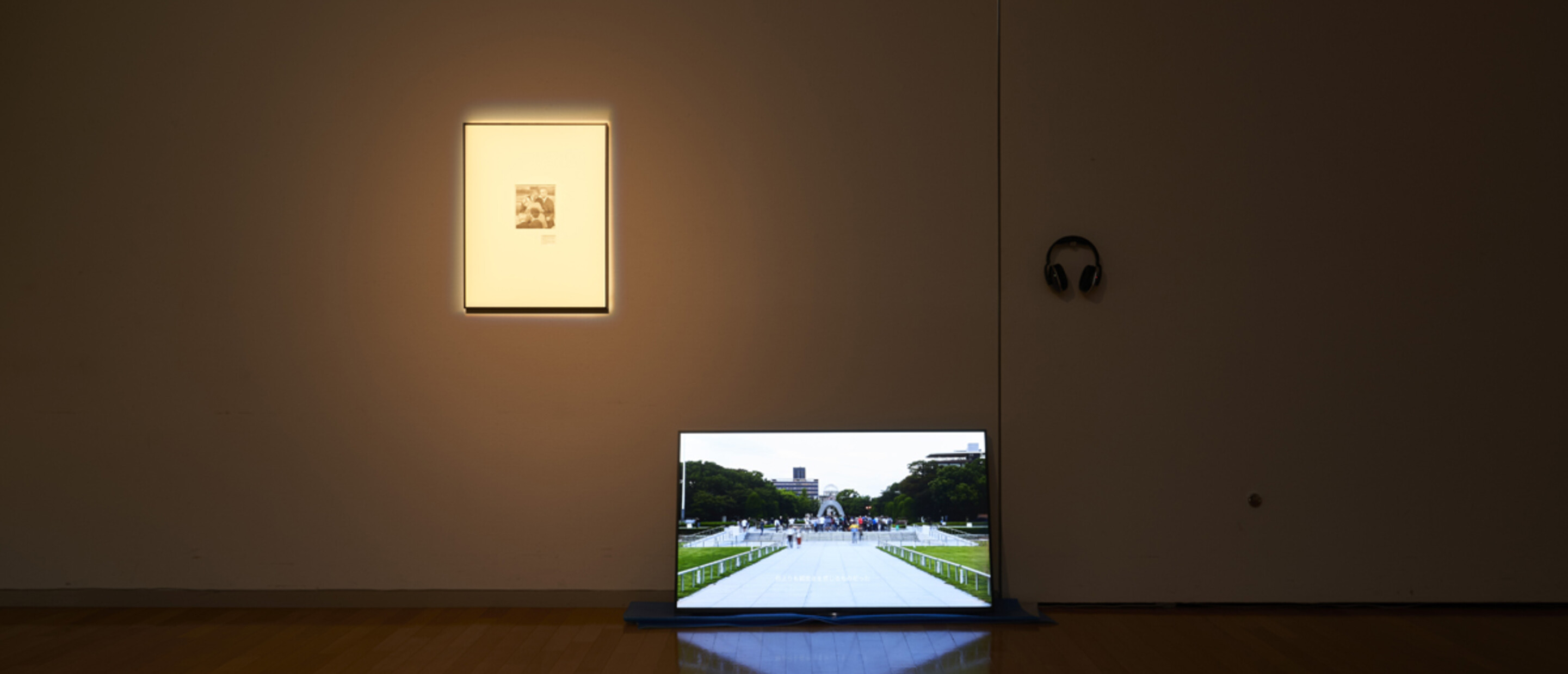 Photograph of installation with a television and framed photograph