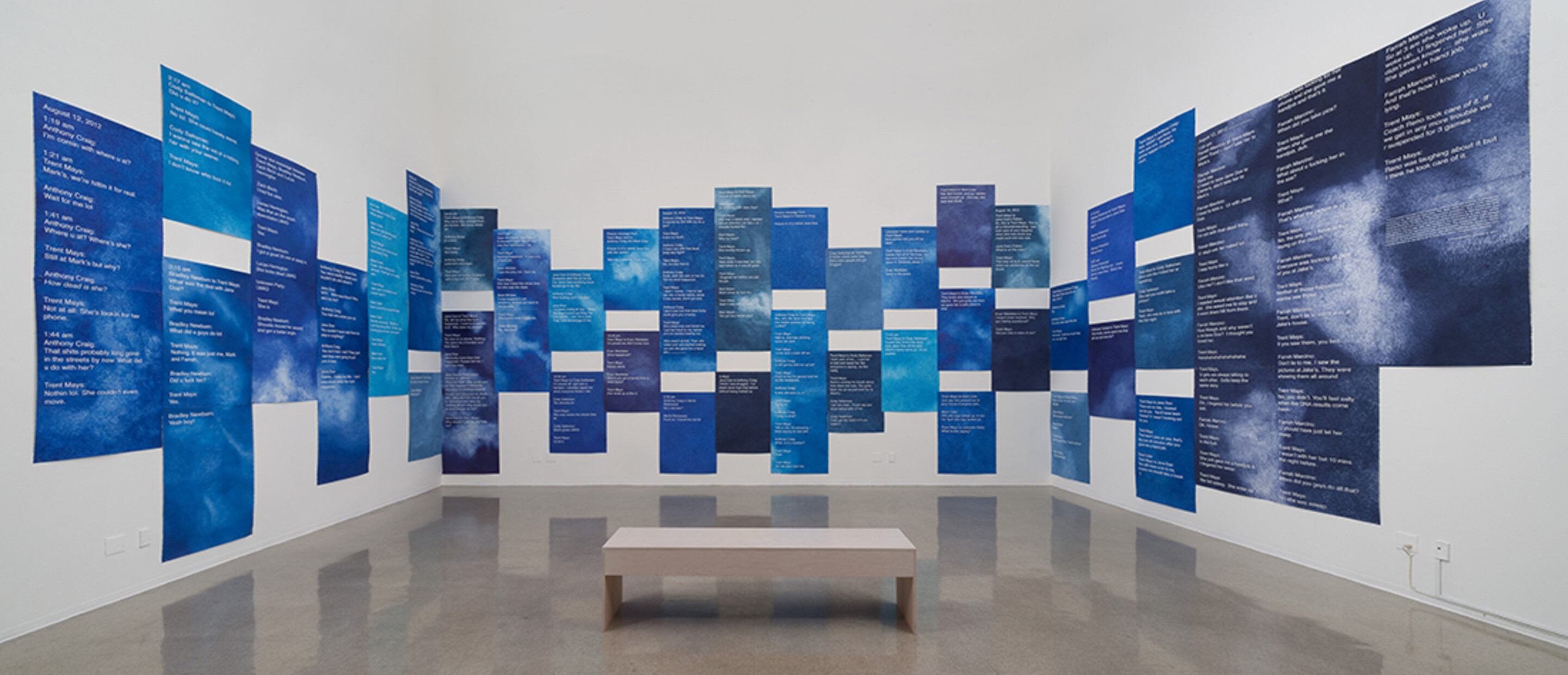 Andrea Bowers. Installation view and detail of Courtroom Drawings (Steubenville Rape Case, Text Messages Entered As Evidence, 2013), 2014 from Andrea Bowers: #sweetjane, at The Pomona College Museum of Art, Claremont CA, January 21 - Apr