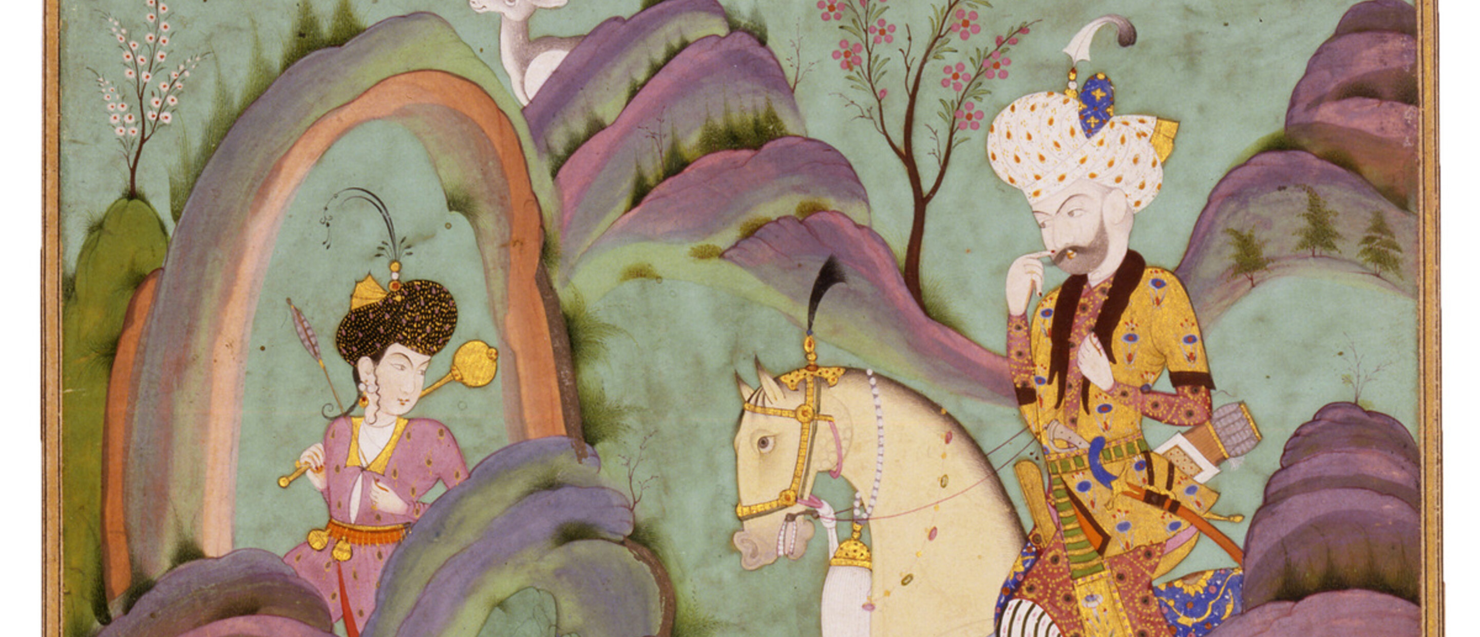 narrative scene with people on horseback and outdoors