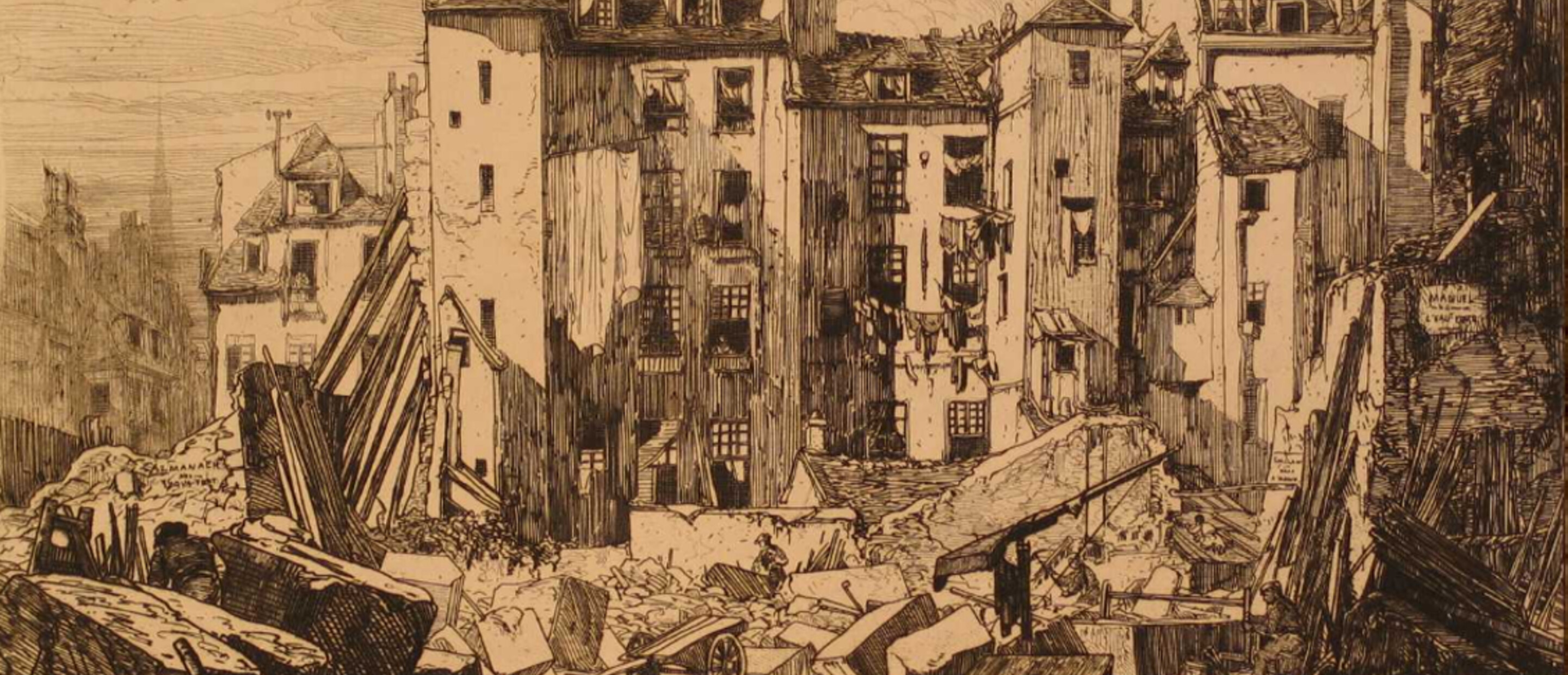 Etching of ruined buildings