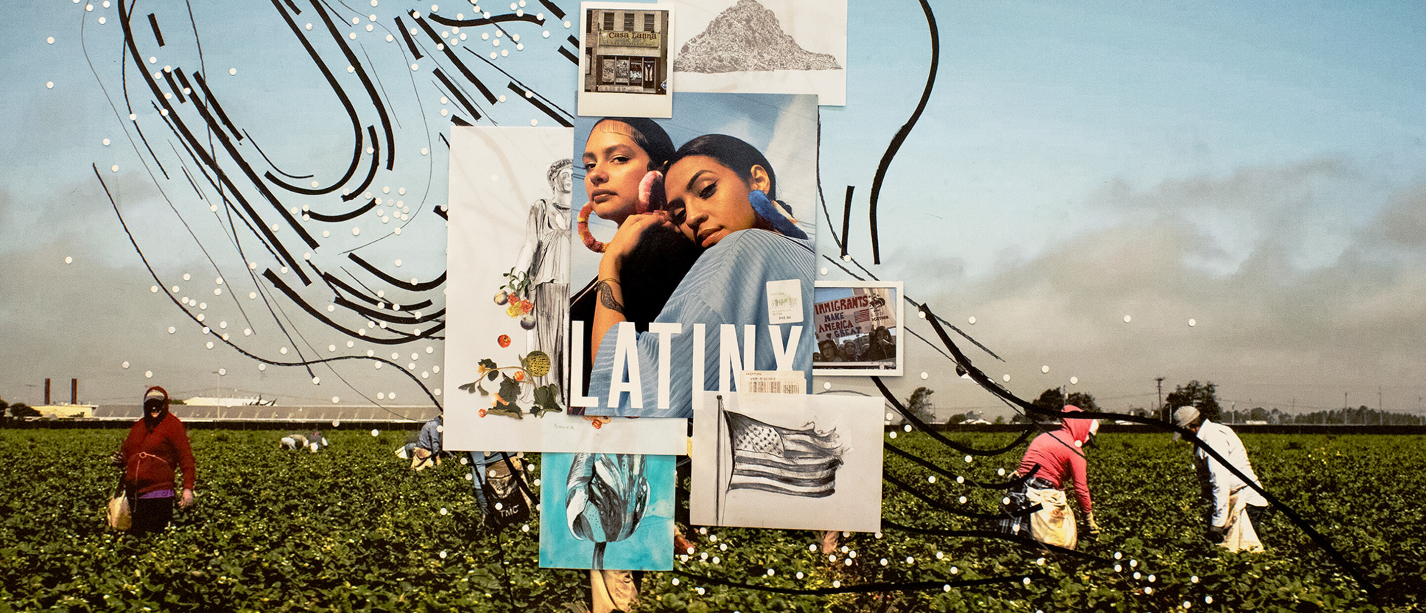 photograph of migrant workers in a field with images collaged on top