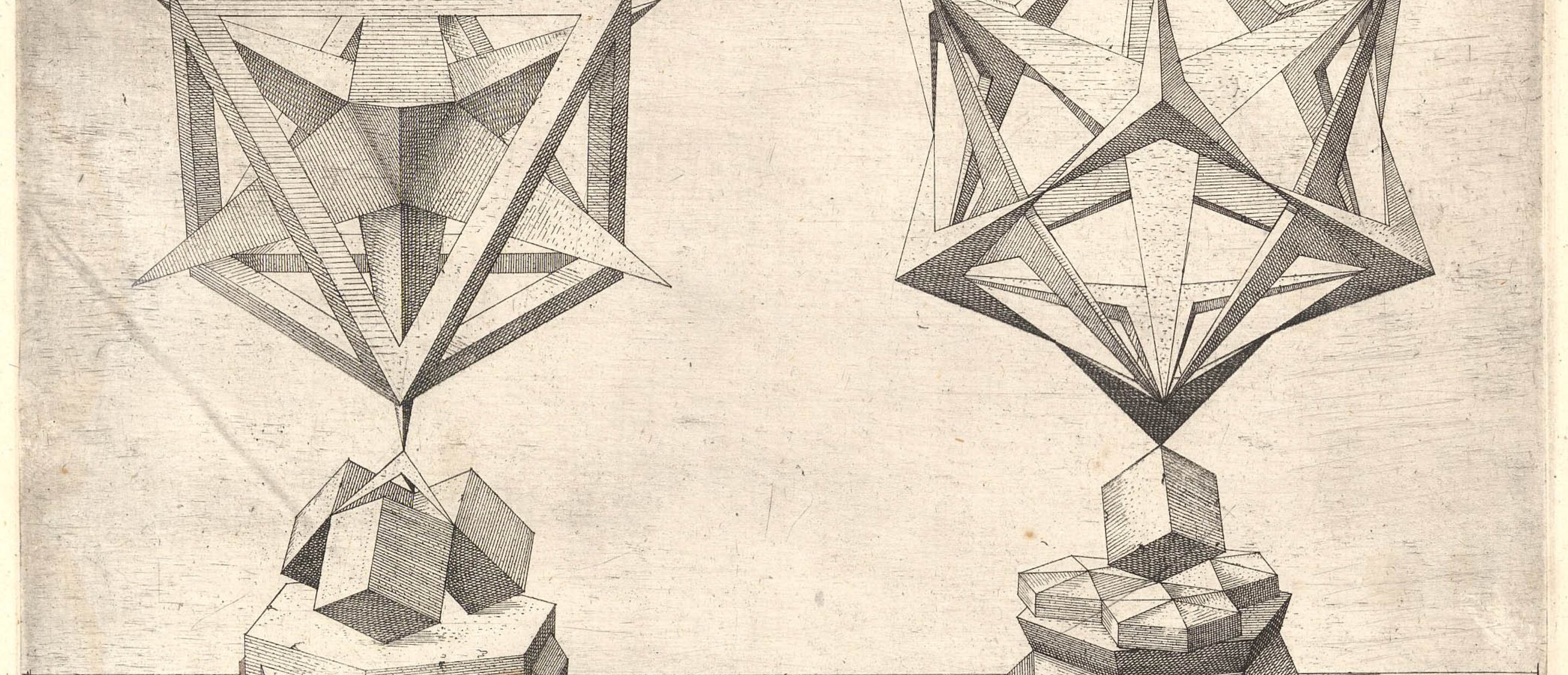 etching of two geometric shapes from different perspectives